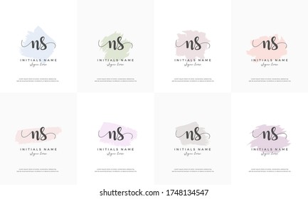 feminine set letter NS N S Initial handwriting logo design template with abstract shape and pastel brush.