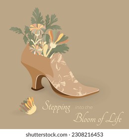 The feminine shoe with an antique look and a bouquet in it. Vector illustration for feminine themes, gardening, dancing, vintage or antique shops, etc.