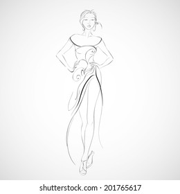 Feminine silhouette. Fashionable black and white vector illustration.