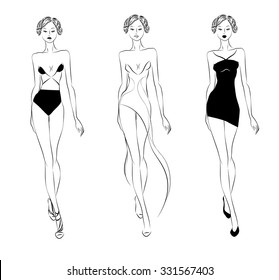 Feminine silhouette. Fashionable black and white vector illustration.