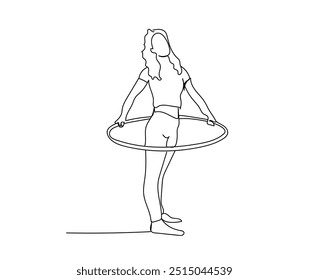 Feminine silhouette, flat stomach and slim waist, training wheel Hula Hop.  Continuous single line drawing of The woman is training your abdominal muscles by turning the wheel hula hoops. 