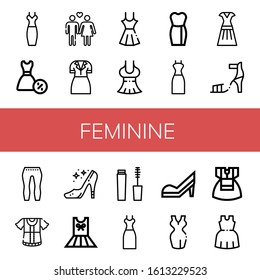 feminine simple icons set. Contains such icons as Dress, Heterosexual, High heel, Leggings, High heels, Mascara, can be used for web, mobile and logo