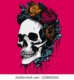 feminine skull with roses hand drawn vector colored clip art
