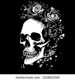 feminine skull with roses hand drawn black and white vector clip art
