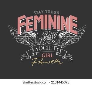 feminine slogan with graphic wings and rose on black background