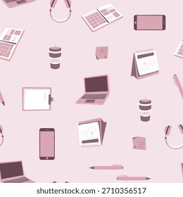 A feminine and stylish seamless pattern featuring essential work tools like laptops, calendars, and coffee cups in a beautiful dusty pink color palette.
