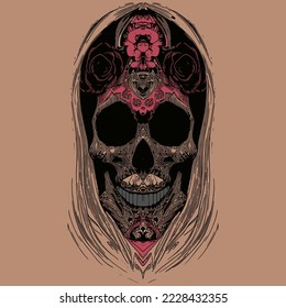 feminine sugar skull girl tattoo hand drawn vector colored clip art
