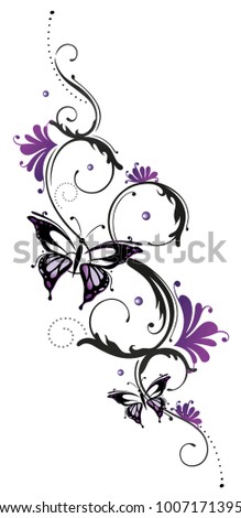 Feminine Tribal Tattoo ornament with purple flowers and butterfly.