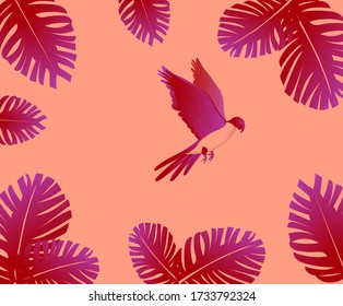 feminine, tropical theme with flying red parrot with bohemian leaves on coral colored background