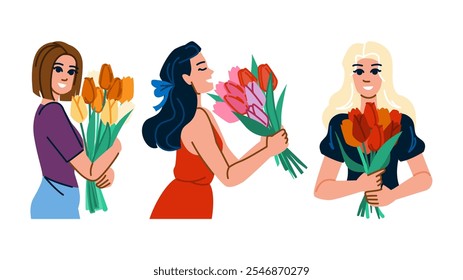 feminine tulip woman  vector.  grace elegance, nature petals, colorful spring feminine tulip woman character. people flat cartoon illustration