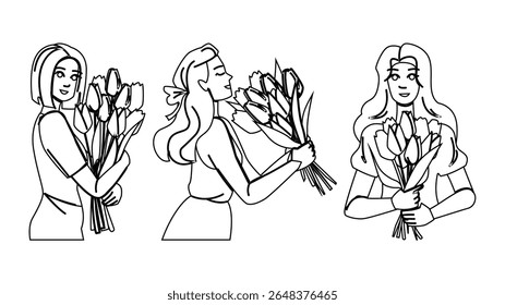 vetor mulher tulipa feminina. elegância graça, pétalas de natureza, primavera colorido personagem mulher tulipa feminina. pessoas linha preta lápis desenho ilustração