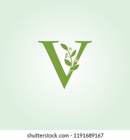 Feminine V Letter Logo, Green Leaf florist design