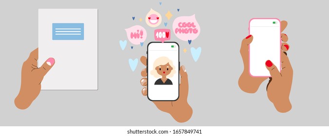 Feminine vector illustrated hand set. Modern trendy drawings of female hands holding smartphones and notes. Female character on a screen. Text in round speech bubbles, heart shapes. Infographics.