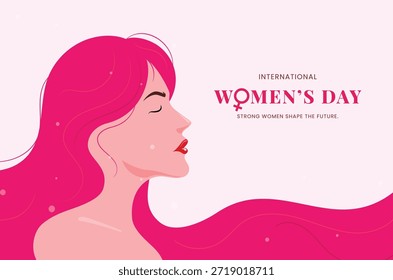 Feminine vector illustration featuring a woman's side profile with long magenta hair and International Women's Day text on a soft pink background.