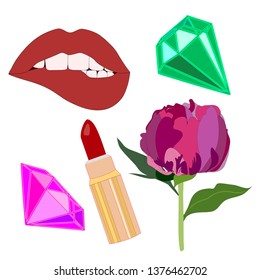 feminine vector set biting lips, red lipstick, peony flower, jewels diamonds isolated graphics