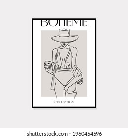 Feminine wall art vector design. Bohemian style line art drawing with abstract shape. Abstract line art design for print, cover, wallpaper, cards. Minimal wall art.