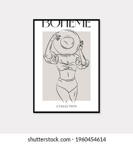 Feminine wall art vector design. Bohemian style line art drawing with abstract shape. Abstract line art design for print, cover, wallpaper, cards. Minimal wall art.