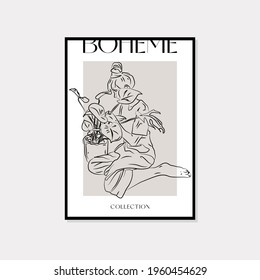 Feminine wall art vector design. Bohemian style line art drawing with abstract shape. Abstract line art design for print, cover, wallpaper, cards. Minimal wall art.