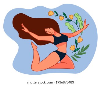 Feminine woman doing exercises and keeping fit. Lady doing yoga asanas for stretching, girl with blooming and flowers with foliage. Healthy lifestyle and summer or spring. Vector in flat style