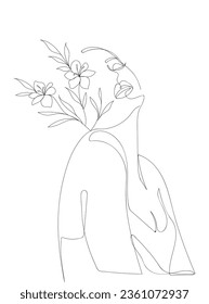 Feminine woman with flowers with minimal line art concept. Black and white. Line art of beautiful woman's face and flowers. Continuous line art in minimalistic style for prints, tattoos, posters