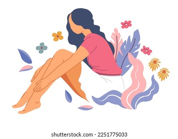 feminine woman portrait, isolated female character sitting with flowers and floral decoration, blooming plants and adornment. Personage with daisies and foliage. Vector in flat style illustration