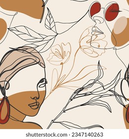 Feminine women and floral line seamless pattern art Vector