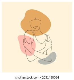 Femininity aesthetic abstract poster. Woman embracing shoulders. Female silhouette in trendy linear style. Portrait of lady in hat hugging self. Love, care yourself, body positive vector illustration