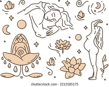 Femininity and natural beauty aesthetic. Pre-made sacred female energy clipart. Hand drawn line art vector illustration with girl, pregnant woman and midwife. 