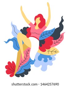 Femininity and nature woman sitting on plants beauty and spa isolated abstract icon redhead, girl in skirt with raise hands having fun and relaxing environment and ecology body care and wellness.