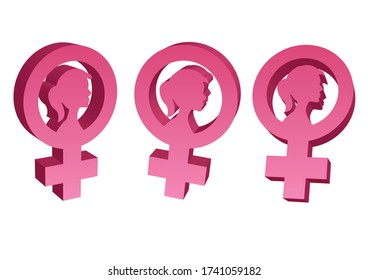 Feminism 3D logo in three angles. Female international movement. Flat Isolated Vector illustration.