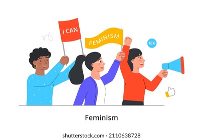 Feminism Abstract Concept. Group Of Young Women With Flags And Megaphone Defend Their Rights At Peaceful Rally. Gender Equality. Strong Female Characters. Cartoon Modern Flat Vector Illustration