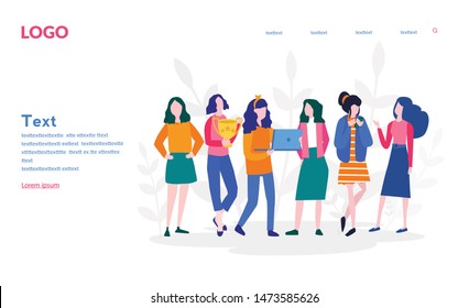 Feminism Activists , Girl Power And Happy Women's Day Wish. Vector Illustration For Web Banner, Print, Infographics, Mobile Website. Landing Page Template. Woman In Tech, Happy Women Or Girls Standing