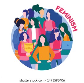 Feminism activists , girl power and Happy Women's Day wish. Vector illustration for web banner, print, infographics, mobile website. Landing page template. Woman in tech, Happy women or girls standing