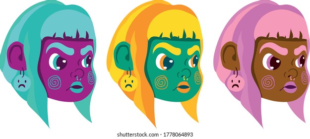 feminism artwork with an angry cute girl vector illustration in three color variations with ponytail, earring, bold eyebrows, squiggle cheeks and a septum piercing