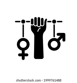 Feminism black glyph icon. Establishing social justice. Expansion women rights. Hand raised up. Struggle for women rights. Silhouette symbol on white space. Vector isolated illustration