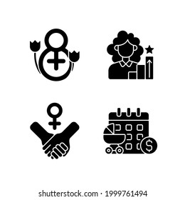 Feminism black glyph icons set on white space. Girl power. Women day. Paid maternity leave. Women in government. Establishing social justice. Silhouette symbols. Vector isolated illustration