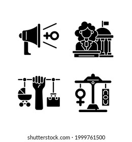 Feminism Black Glyph Icons Set On White Space. Women In Government. Gender Equality. Equal Pay. Combining Motherhood And Career. Women Rights. Silhouette Symbols. Vector Isolated Illustration