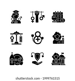 Feminism black glyph icons set on white space. Division of domestic labour. Equal education opportunities. Equal pay. Access to healthcare. Silhouette symbols. Vector isolated illustration