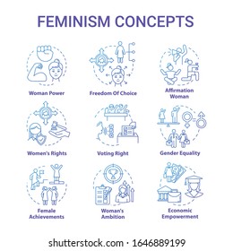 Feminism blue concept icons set. Discrimination. Gender equality. Woman power. Feminist movement. Womens rights idea thin line RGB color illustrations. Vector isolated outline drawing