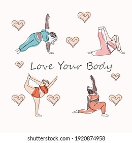 Feminism body positive cards with love to own figure, female freedom, girl power isolated. Happy plus size girls and active healthy lifestyle. Vector hand drawn illustration.