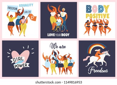 Feminism body positive cards, posters, banners, cover with love to own figure, female freedom, girl power isolated vector illustration.