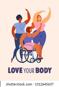 Feminism body positive cards, posters, banners, cover with love to own figure, female freedom, girl power isolated vector illustration.