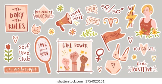 Feminism and body positive icons collection with assorted inspirational and motivational text, colored vector illustration