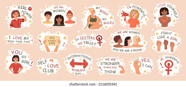 Feminism and body positive. Icons of women's movements with inspirational quotes. A set of fashionable inscriptions on women's empowerment, self-acceptance and gender equality.