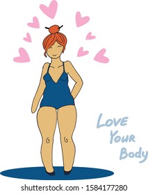 Feminism body positive illustration woman in swim suit . Love to own figure, female freedom, girl power isolated vector illustration on white background. Feminism concept.