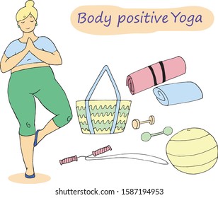 Feminism body positive illustration woman doing yoga. Love to own figure, female freedom, girl power. Isolated vector colorful illustration on white background. Feminism concept.