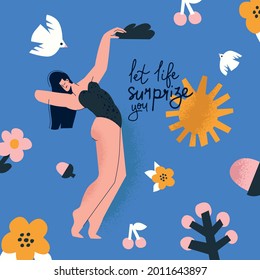 Feminism body positive postcard with love to own figure, female freedom, girl power isolated vector illustration.