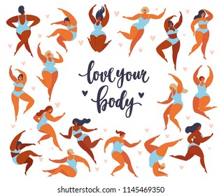 Feminism body positive set with love to own figure, female freedom, girl power isolated vector illustration.