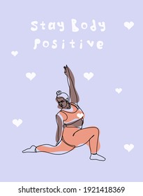 Feminism body positive vertical card with love to own figure, female freedom, girl power. Happy plus size girls and active healthy lifestyle.  Abstract trendy one line vector illustration