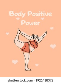 Feminism body positive vertical card with love to own figure, female freedom, girl power. Happy plus size girls and active healthy lifestyle.  Abstract trendy one line vector illustration